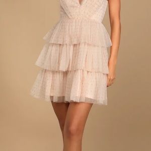 Pink & Gold dotted mesh tiered dress